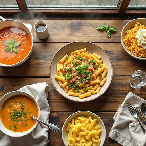 A cozy bowl of tomato soup with pasta, set against a softly blurred background, illuminated by natural light.