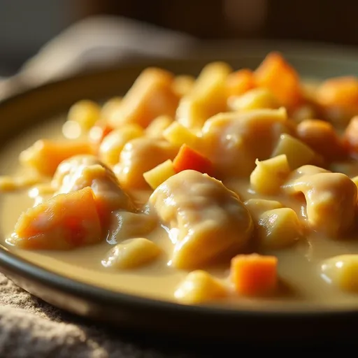 A delicious chicken casserole filled with colorful vegetables, creamy sauce, and melted cheese.