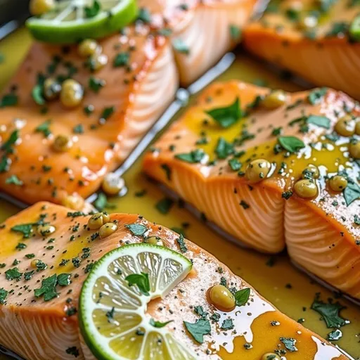 A detailed shot of delicious honey lime garlic butter baked salmon, showcasing its crispy texture and vibrant garnishes.