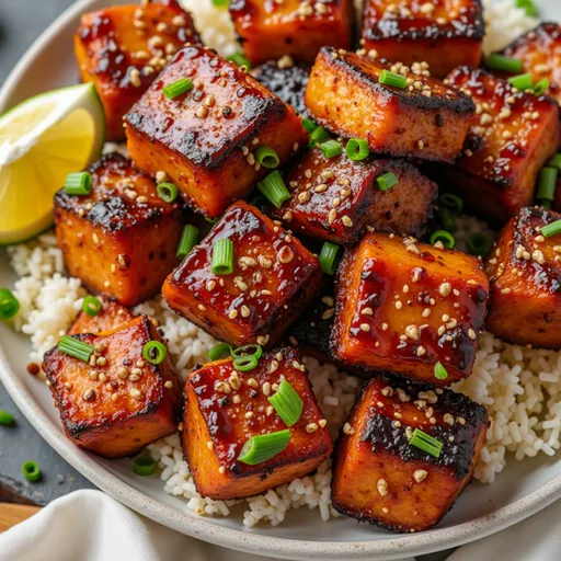 Delicious golden-brown salmon pieces coated in honey garlic sauce, presented elegantly on a plate.