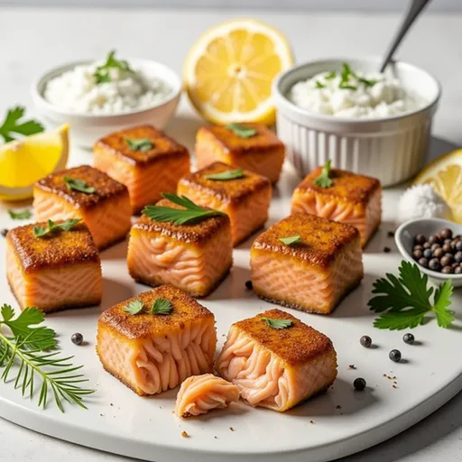 Juicy salmon bites cooked in an air fryer, served with lemon wedges.