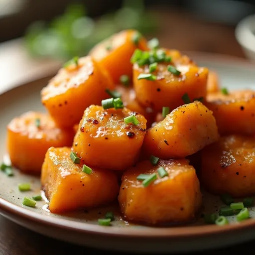 Deliciously glazed salmon bites with honey and garlic, garnished with green onions.