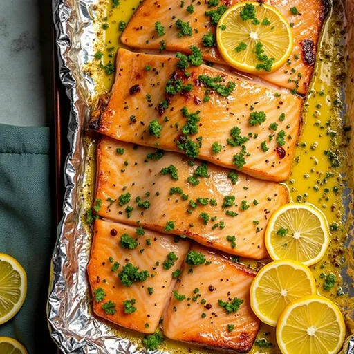 Deliciously baked salmon fillets topped with garlic butter, shown in a cozy setting.