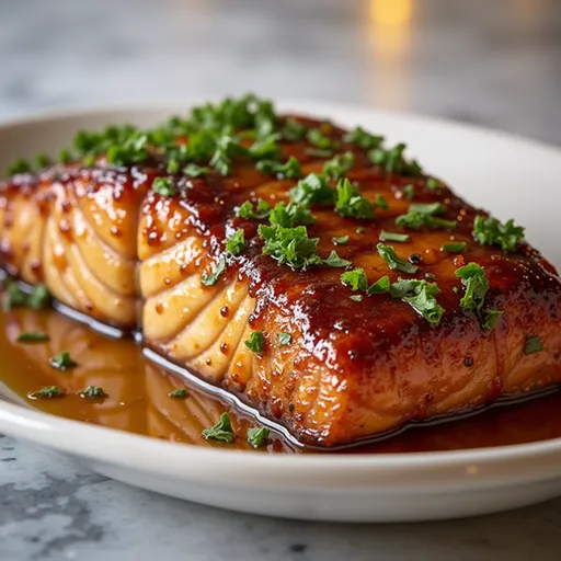 A beautifully presented salmon dish featuring a caramelized glaze and lemon wedges.