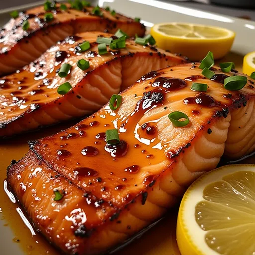 A beautifully plated honey garlic salmon garnished with chopped green onions and a side of lemon.