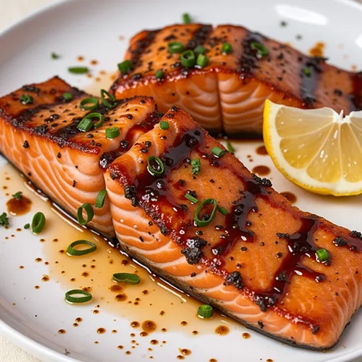 Deliciously cooked salmon fillets topped with shiny honey garlic sauce, served on a rustic plate.
