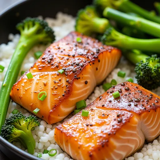 A beautifully cooked salmon fillet with honey garlic sauce, presented in an air fryer, with lemon wedges nearby.