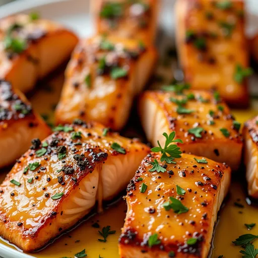 Delicious air fryer salmon drizzled with honey garlic sauce, presented on a rustic table with a blurred background.