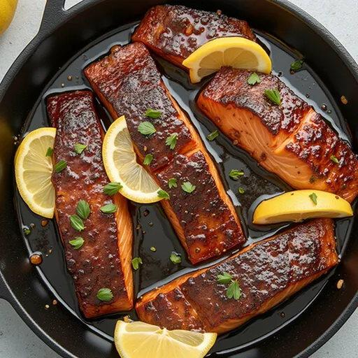 Succulent honey glazed salmon on a plate, showcasing its shiny texture, surrounded by fresh parsley and lemon slices.