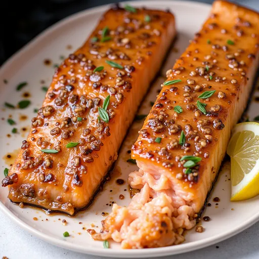 Deliciously glazed air fryer salmon with a soft, blurred background.