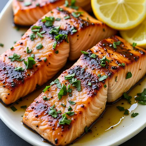 Succulent honey garlic soy glazed salmon on a plate, showcasing its rich texture and garnishes.