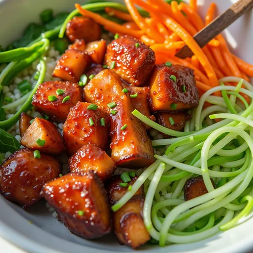 An appetizing Honey Garlic Salmon Bowl showcasing salmon fillets glazed with honey sauce alongside rice and vegetables.