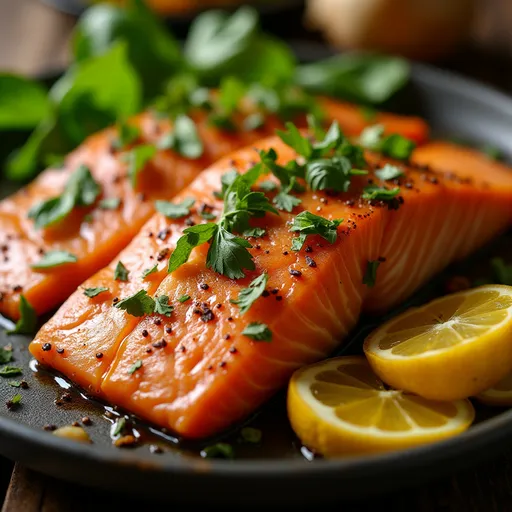 Cooked salmon drizzled with honey garlic sauce, served on a plate with lemon and herbs.
