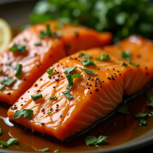 A delicious Honey Garlic Salmon dish, showcasing a glazed salmon fillet with a soft, warm glow and a blurred background.