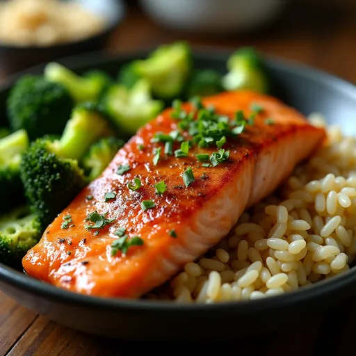 Deliciously plated Slow Cooker Honey Garlic Salmon Bowl featuring salmon fillets and garnishes.