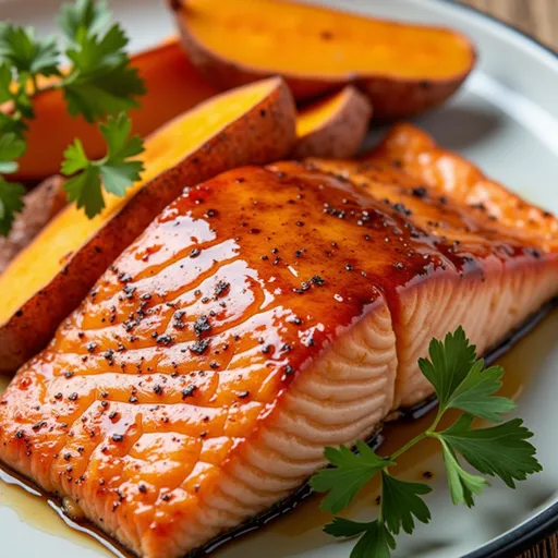 Delicious salmon with a shiny maple glaze, accompanied by cubed sweet potatoes.
