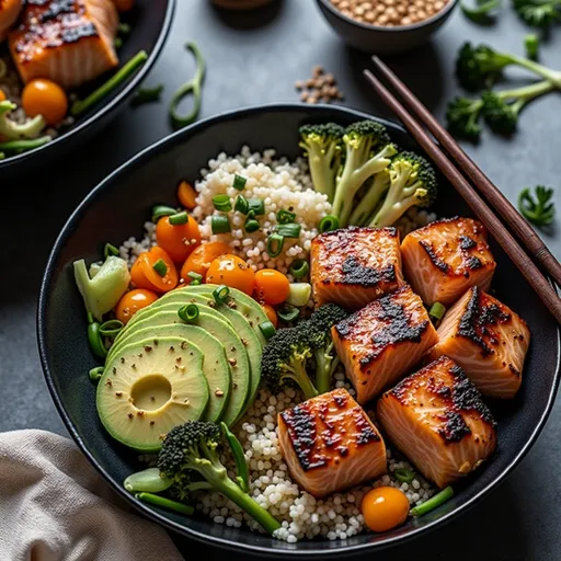 A beautifully arranged Honey Garlic Salmon Bowl with vibrant ingredients like salmon, steamed broccoli, and sesame seeds.