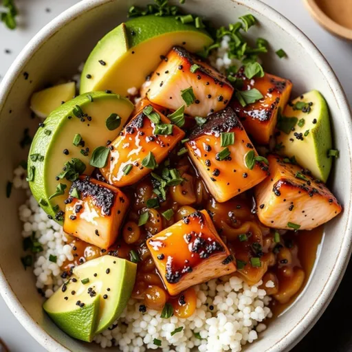 A delicious bowl with honey-glazed salmon, rice, sliced avocado, and garnished with sesame seeds.