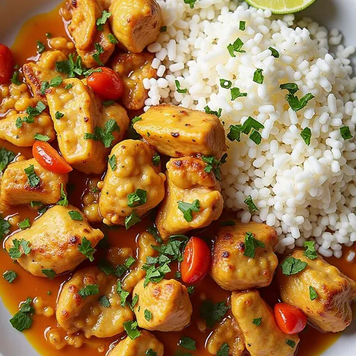 A beautifully arranged dish of Brazilian Coconut Chicken, garnished with fresh cilantro.
