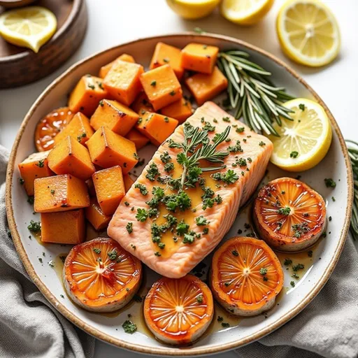 Delicious salmon fillets glistening with honey and olive oil, highlighted by natural light, alongside garlic and rosemary.