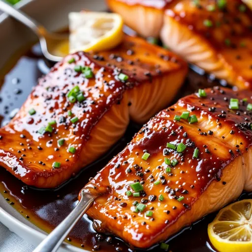 Delicious salmon fillet coated in a shiny honey garlic glaze, set against a blurred cozy background.