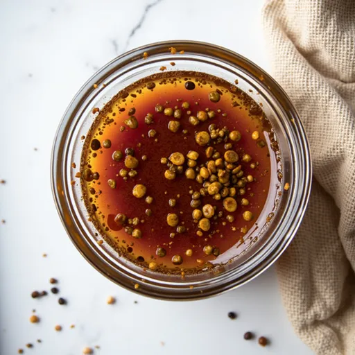 A beautifully arranged dish featuring honey mustard marinade drizzled over salmon, with a blurred background.