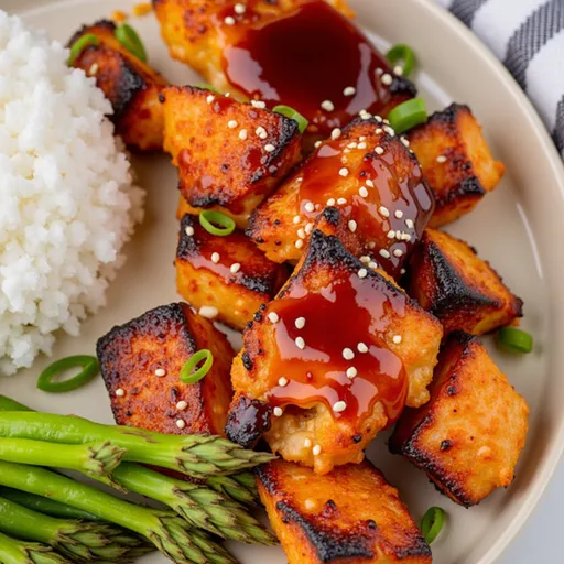 Delicious salmon bites in a honey soy glaze, arranged on a plate with a cozy blurred background.