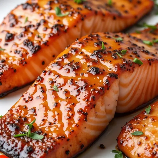 Succulent salmon fillets glazed with honey and garlic, presented on a rustic surface.