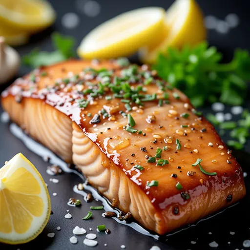 Eye-level shot of succulent salmon fillets drizzled with honey garlic sauce.