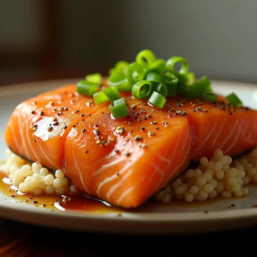 A beautifully plated honey garlic salmon dish, showcasing rich colors and textures against a soft background.