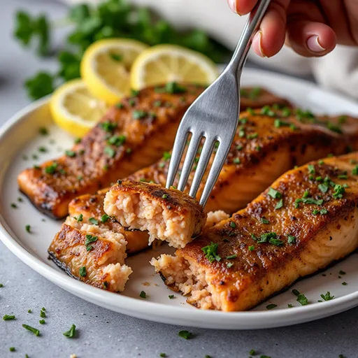 Juicy salmon fillet drizzled with honey garlic sauce, showcasing texture.
