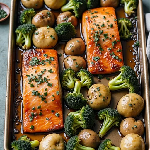 Beautifully arranged honey garlic salmon with roasted potatoes and broccoli in a warm setting.