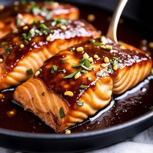 Succulent salmon fillets glazed with honey garlic soy sauce, displayed with a blurred background and soft shadows.