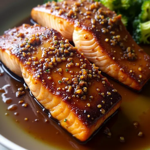 A beautifully glazed Honey Garlic Salmon with a warm, inviting background.