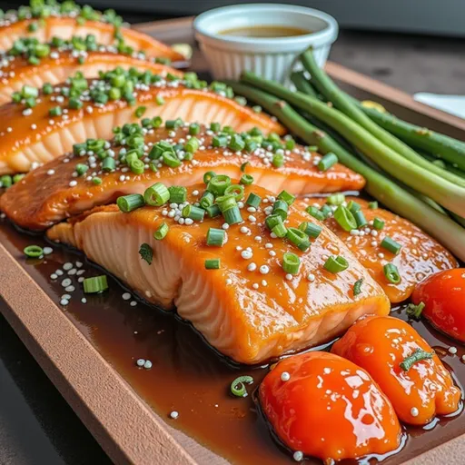 An appetizing shot of honey garlic salmon, showcasing its golden crust and glossy sauce, set against a softly blurred background.
