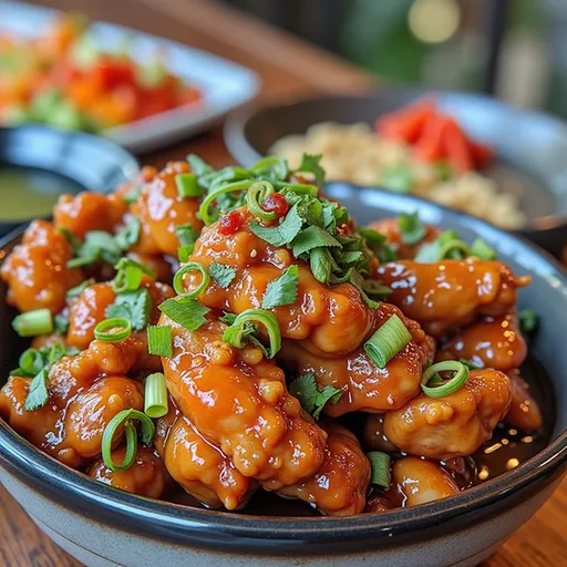 Deliciously glazed Thai Sweet Chili Chicken with a soft focus background.