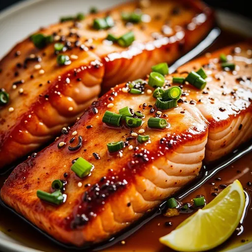 A plate featuring golden-brown salmon, glistening with honey soy glaze, alongside fluffy cooked rice and vibrant green onions.
