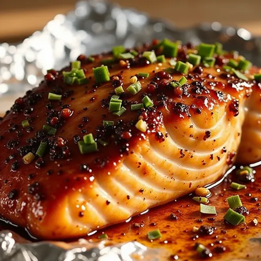 A beautifully plated honey garlic salmon dish with a warm, inviting background.