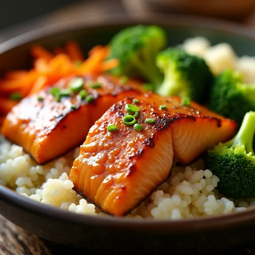 A vibrant Honey Ginger Salmon Bowl garnished with sesame seeds, showcasing salmon and fresh veggies.