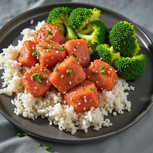 Succulent salmon pieces coated in a shiny honey garlic glaze, captured in warm natural light.