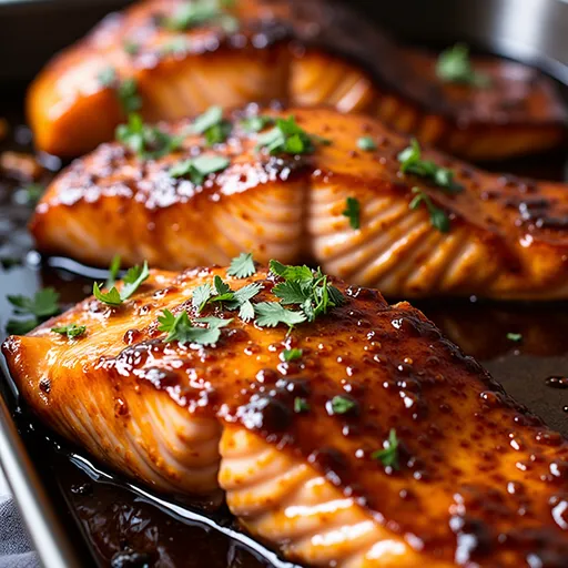 Eye-level view of a grilled salmon fillet coated in honey garlic sauce, served with lemon wedges on the side.