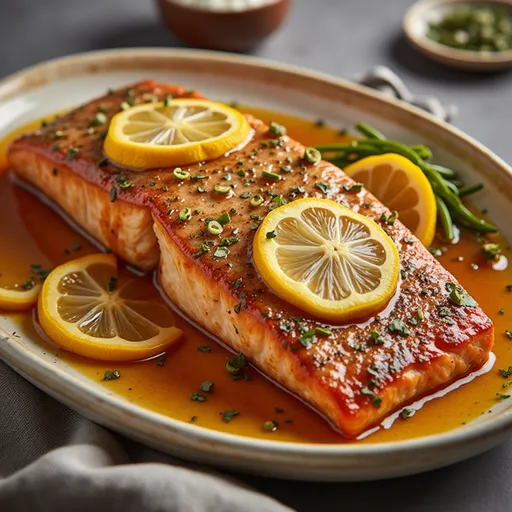 Succulent salmon glazed with honey and garlic, served on a plate.