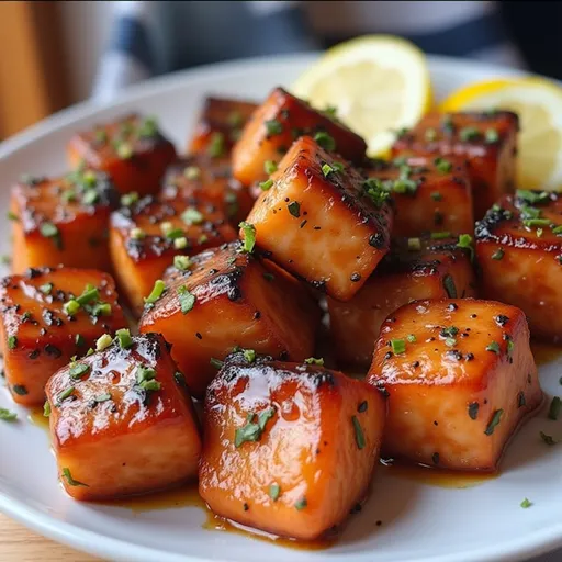Succulent pieces of salmon drizzled with honey garlic sauce, garnished with green onions.