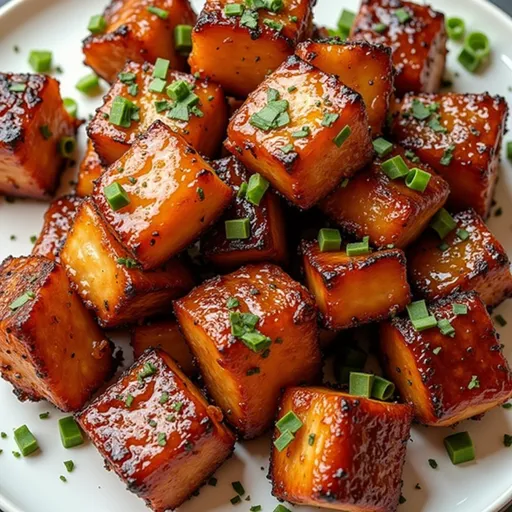Delicious salmon bites with a golden glaze, displayed on a rustic surface.