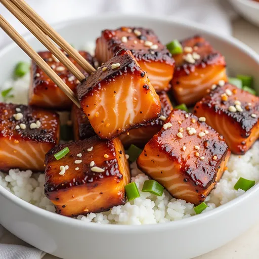 Succulent salmon bites glazed with honey and garlic, presented in a beautifully styled dish.