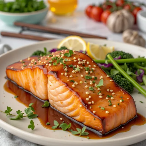 Eye-level shot of cooked salmon with a shiny honey garlic glaze, served with lemon wedges.