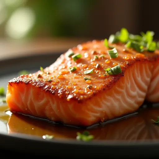 Detailed shot of perfectly cooked salmon with a glossy honey garlic glaze, served on a rustic plate.