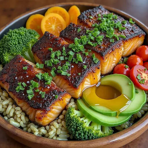 A beautifully arranged honey glazed salmon bowl with vibrant vegetables and rice, illuminated by natural light.