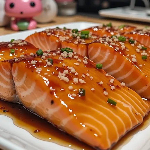 Eye-level shot of a perfectly baked salmon fillet glazed with honey garlic sauce.
