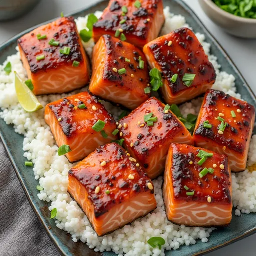 Delicious golden-brown salmon pieces drizzled with honey garlic sauce, softly lit with natural light.